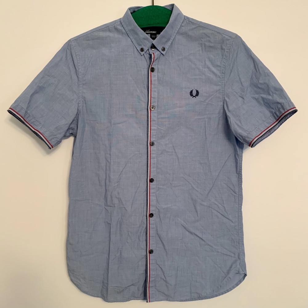 Fred Perry Short Sleeve Cotton Button Casual Oxford Shirt Size S Trim Detailing